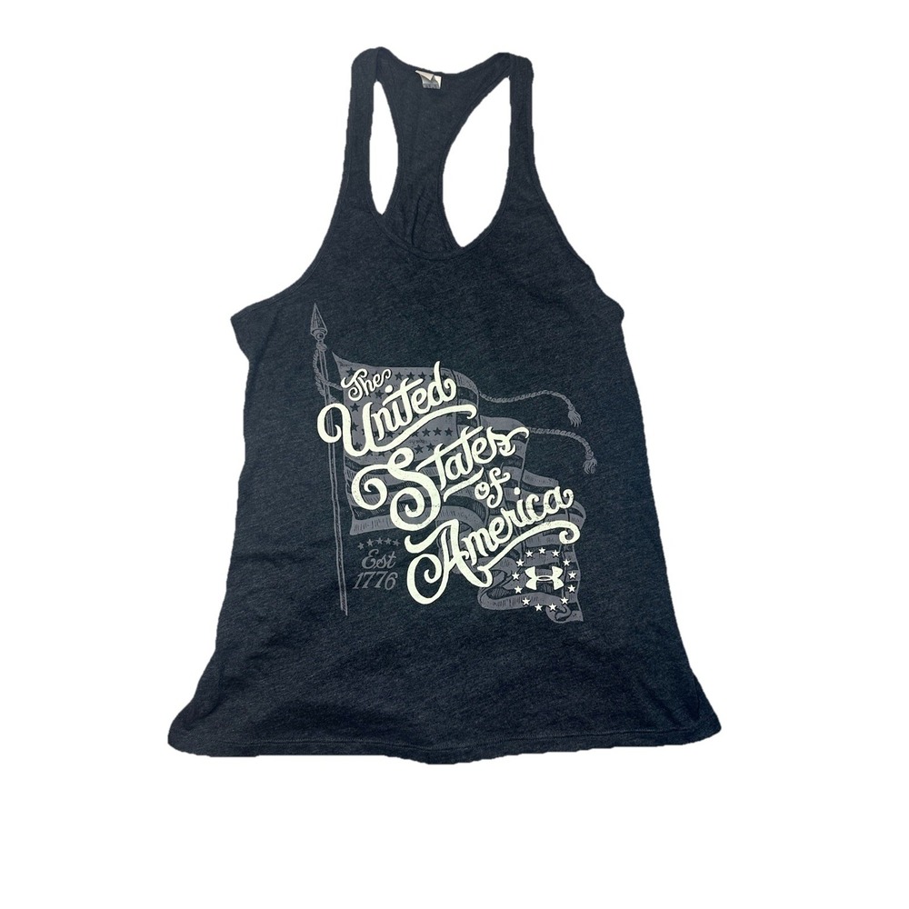 Under Armour Women's Medium Gray Racerback  USA Graphic Y2K Tank Top Patriotic